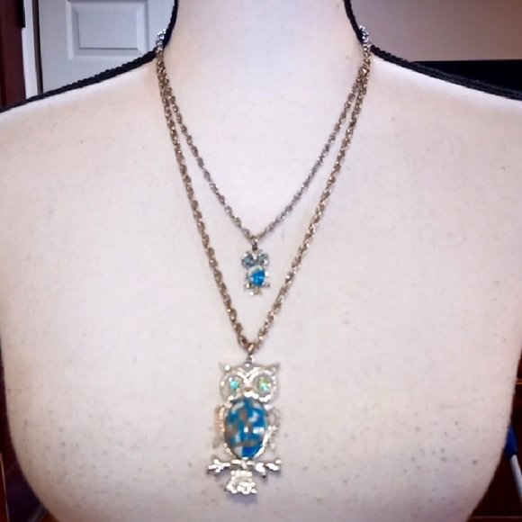 Elegant Blue Owl Pendant Necklace Double Strand Silver Mid Century Modern Vibe - Picture 1 of 6